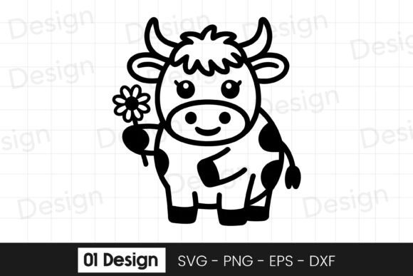 Cute Baby Cow with Flower Cartoon Graphics for Crafts