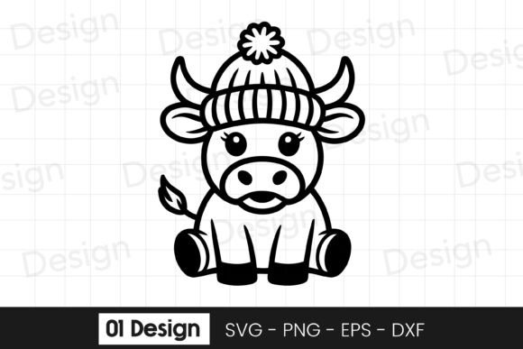 Cute Baby Cow with Winter Hat Graphics for Crafts