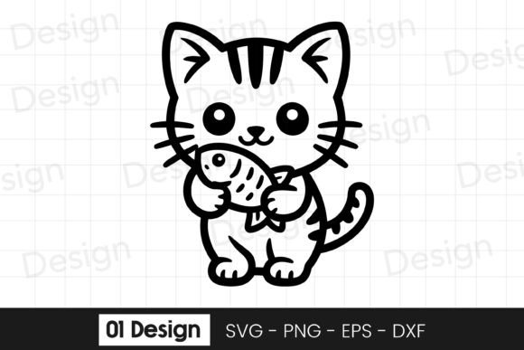 Cute Kitten Holding Cookie Outline SVG